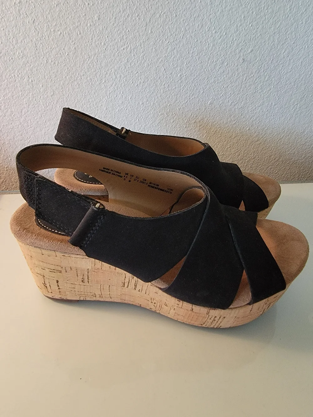 Clarks Artisan Black Suede Cork Wedge Slingback Sandals